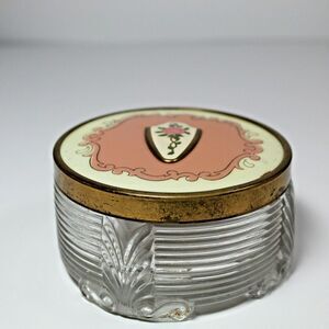 Art Deco Vanity Powder Jar Cloisonne Rose Guilloche Ribbed Glass Vintage